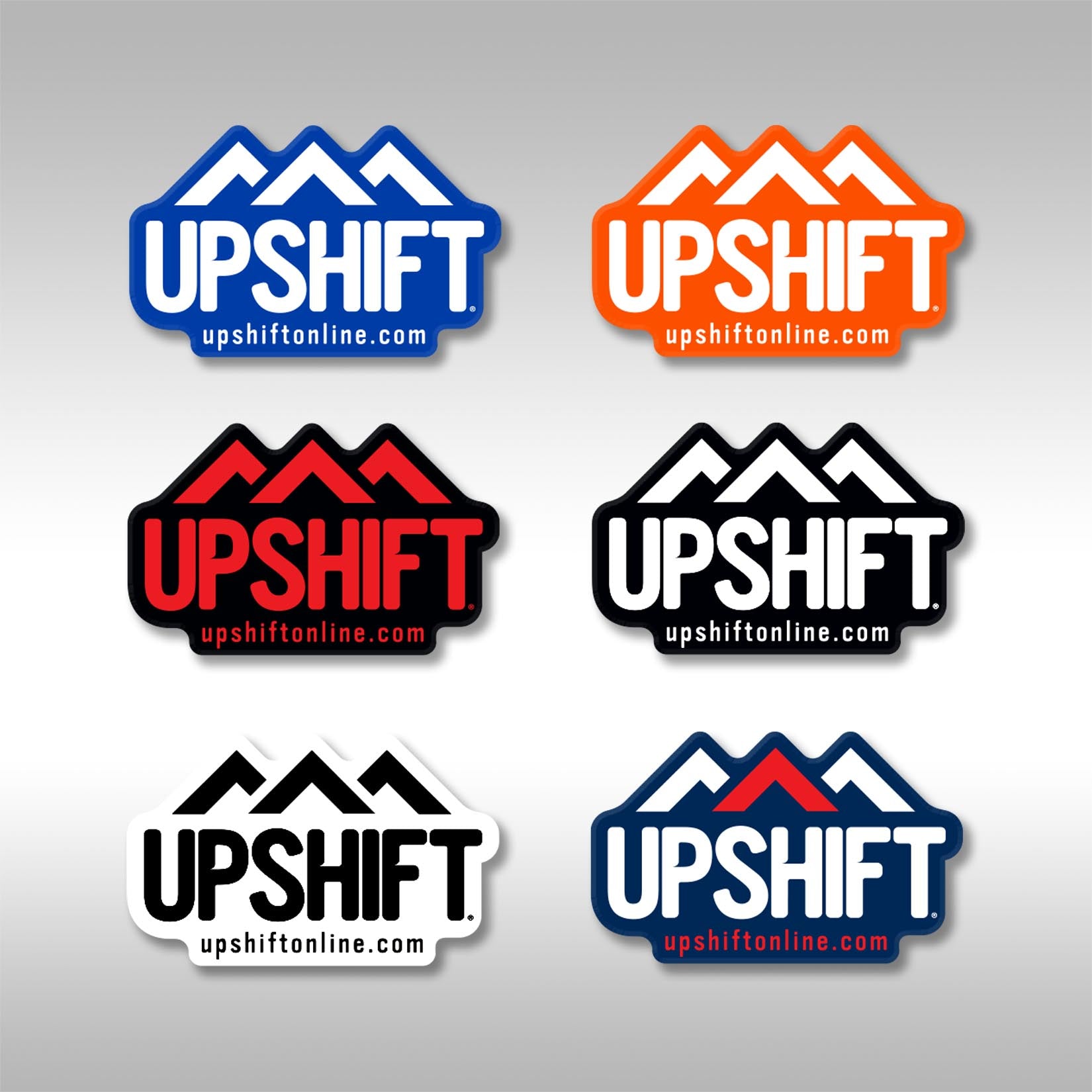 Heavy duty vinyl Upshift stickers in 6 color options.