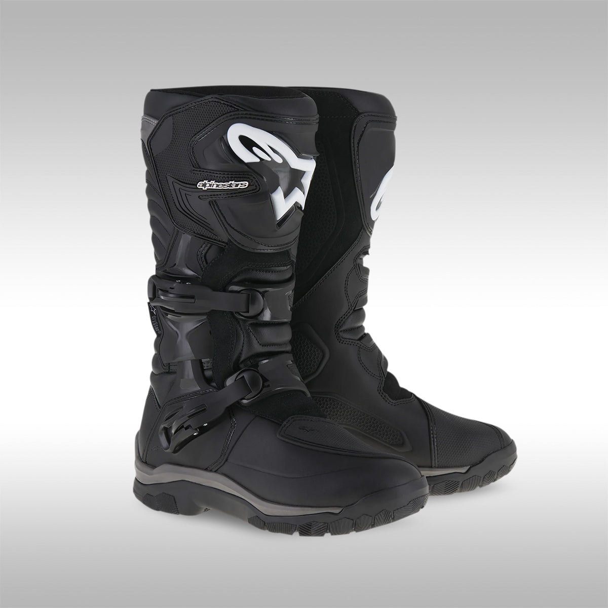 Side profile of a pair of Alpinestars Corozal Adventure boots in black leather.