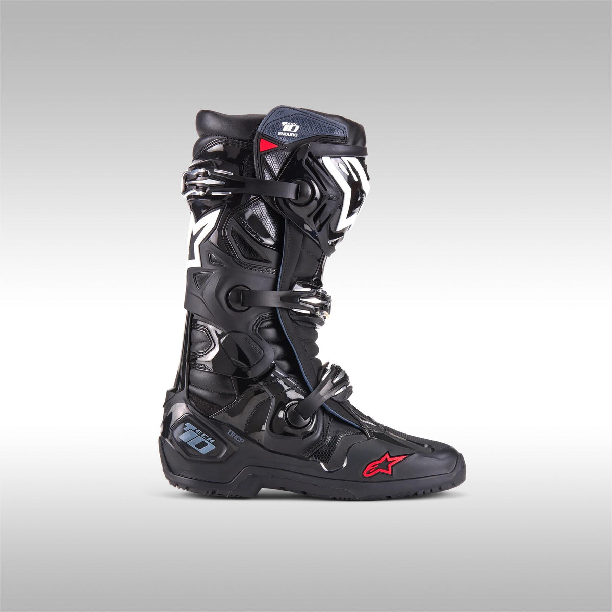 Side view of a single black Alpinestars Tech 10 Enduro offroad boot.