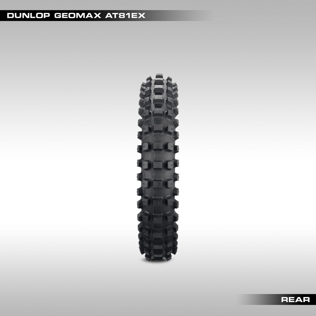 Tread view of the Dunlop AT81EX offroad tire. Black rubber offroad tire developed for hard enduro. Gummy dirtbike compound that actually holds up reasonably well. 