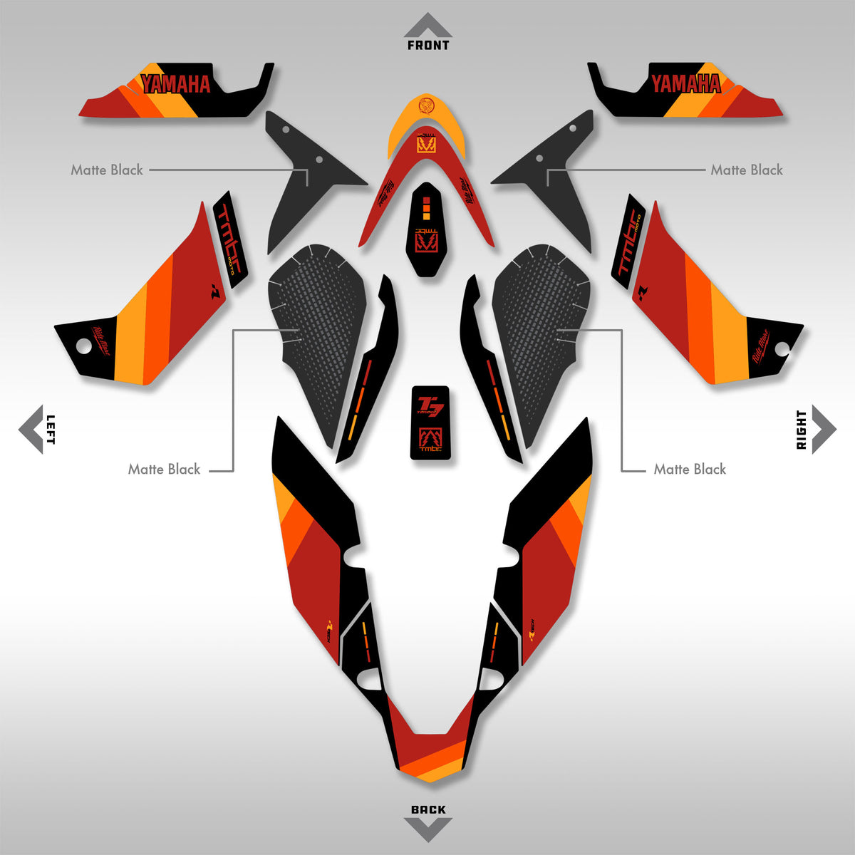 Layout view of the TMBR MOTO Tenere 700 Red, Orange, Yellow stripe graphics kit.