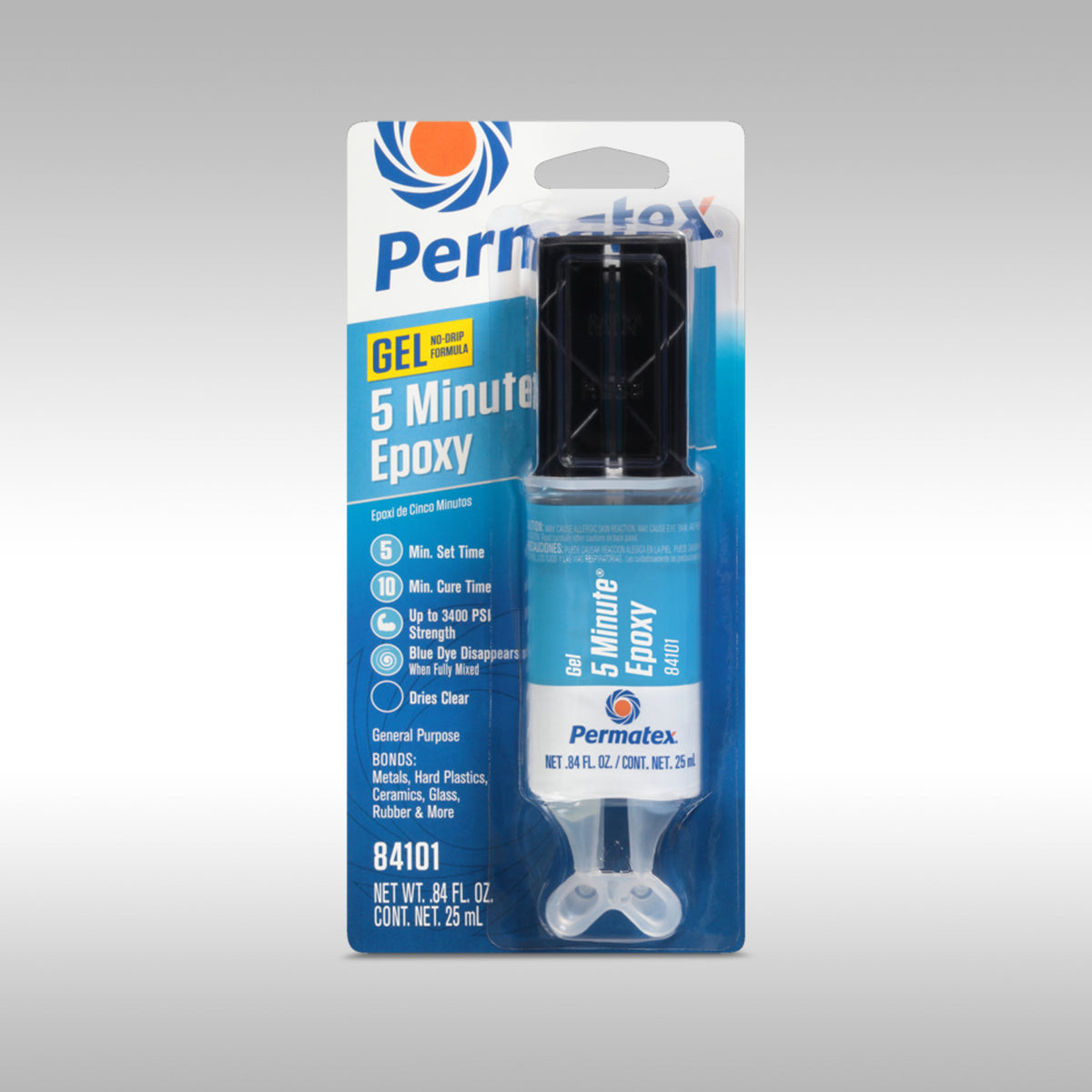 Permatex®s General Purpose 5 Minute Gel Epoxy provides the flexibility to reposition before the setting time. The fast setting, two-part adhesive and filler system is specially formulated with a Blue Dye Indicator that disappears when it’s fully mixed and ready to use.