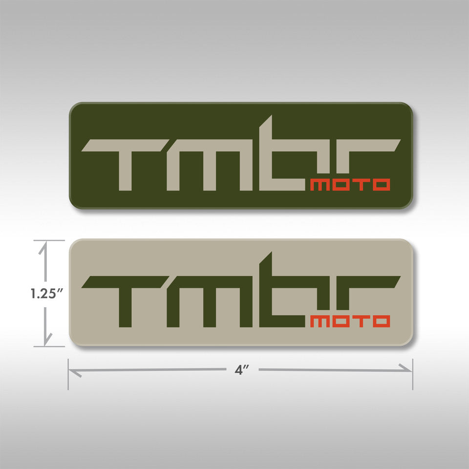 TMBR MOTO logo sticker measurements- 1.25&quot; x 4&quot;. Matte finish, 4 mil vinyl in dark green with tan and tan with dark green. Sticker is oriented horizontally. 