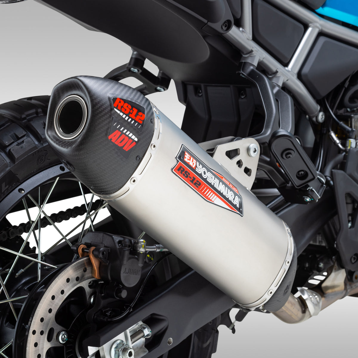 Installed close up view of a Yoshimura RS-12 exhaust for the CFMOTO Ibex 450.