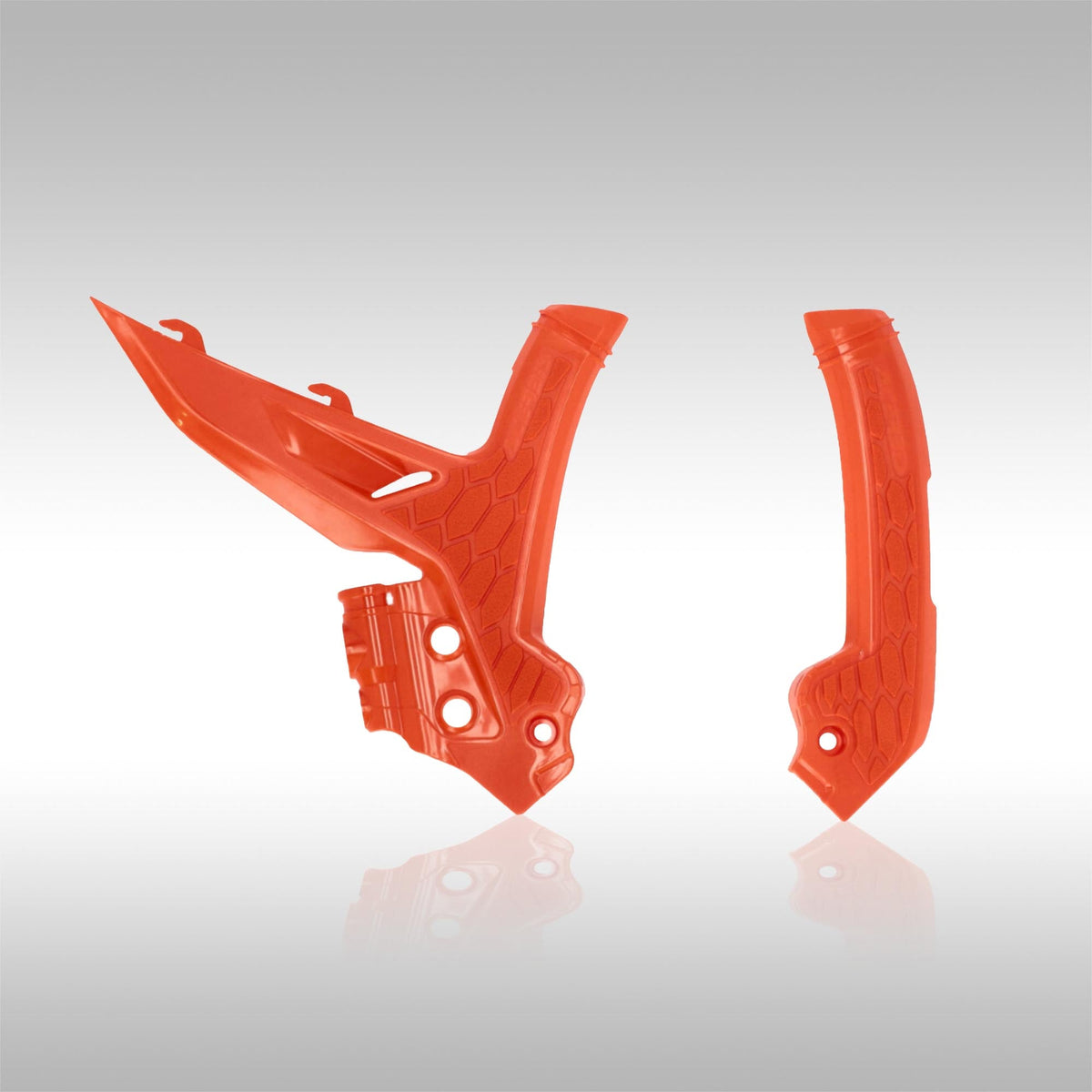 Acerbis X-Frame Protectors for the new generation of KTM dirtbikes and dualsport machines. Protect the frame and increase grip and control all with one part. Dirtbike frame guard in orange / orange.