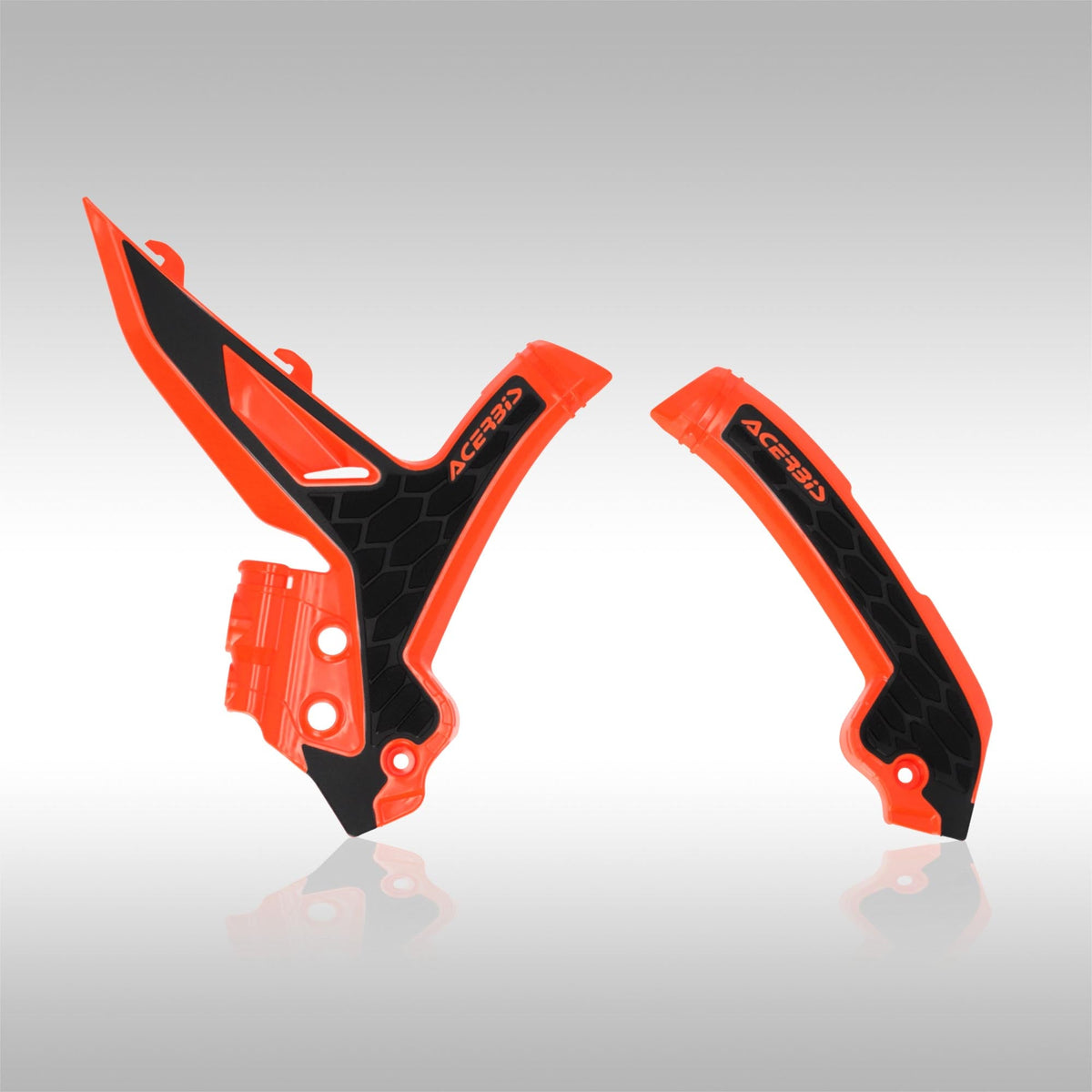 Acerbis X-Frame Protectors for the new generation of KTM dirtbikes and dualsport machines. Protect the frame and increase grip and control all with one part. Dirtbike frame guard in orange / black.