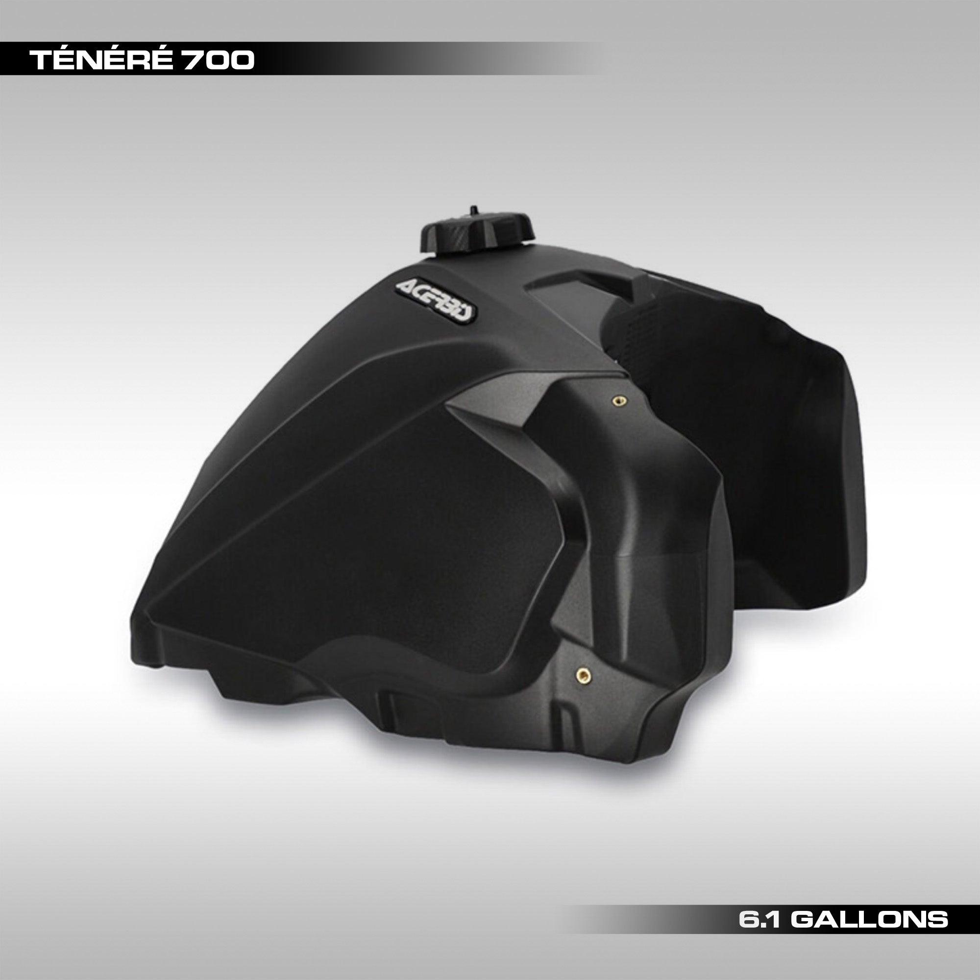 Acerbis 6.1 gallon fuel tank delivers increased range for the Yamaha Tenere 700. Black plastic.