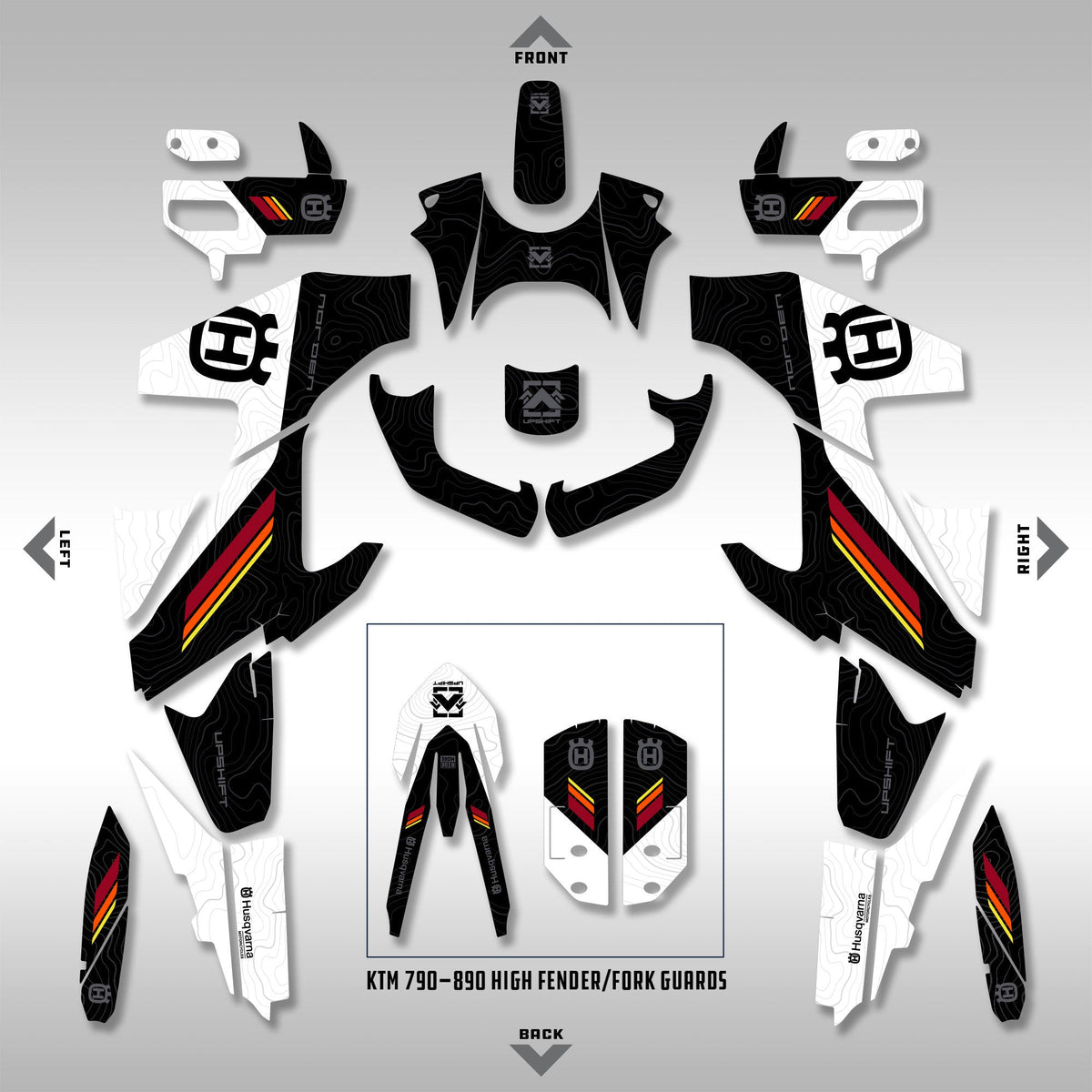 Laid out image of the Black Split Topo Graphics kit for the Husqvarna Norden 901. This design features a topo pattern and some short stripes in red, orange and yellow.  Shown on the standard Norden 901