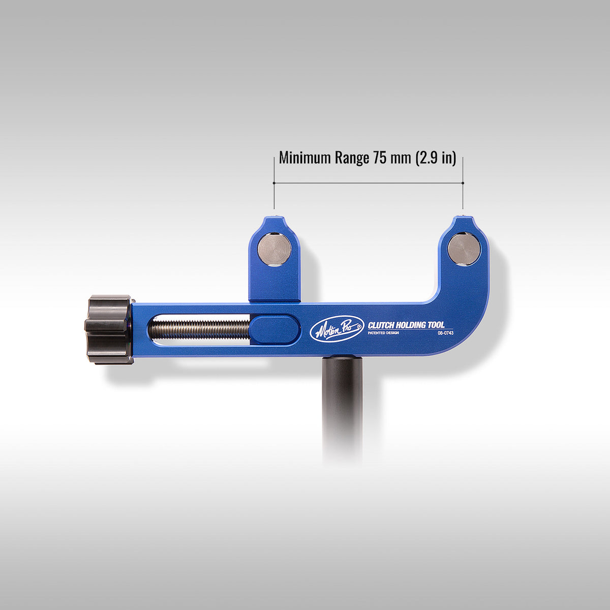 Minimum range of the Motion Pro heavy duty clutch holder tool is 75mm or 2.9 inches. This tool makes maintaining the clutch on your motorcycle or ATV much easier. 