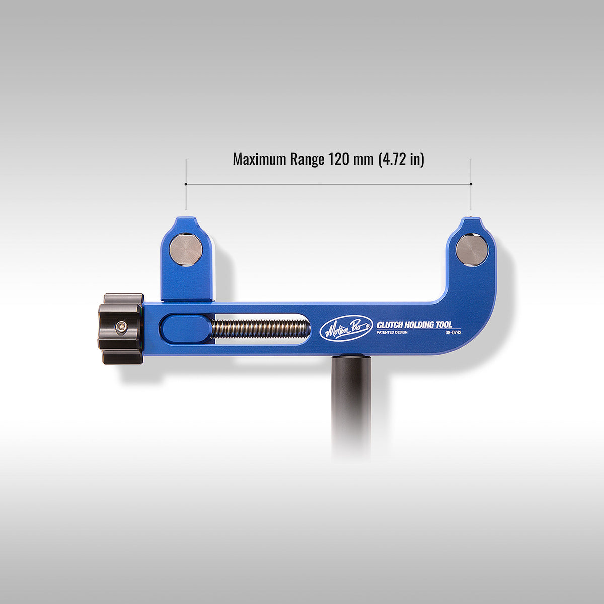 Maximum range of the Motion Pro heavy duty clutch holder tool is 120mm or 4.72 inches. This tool makes maintaining the clutch on your motorcycle or ATV much easier. 