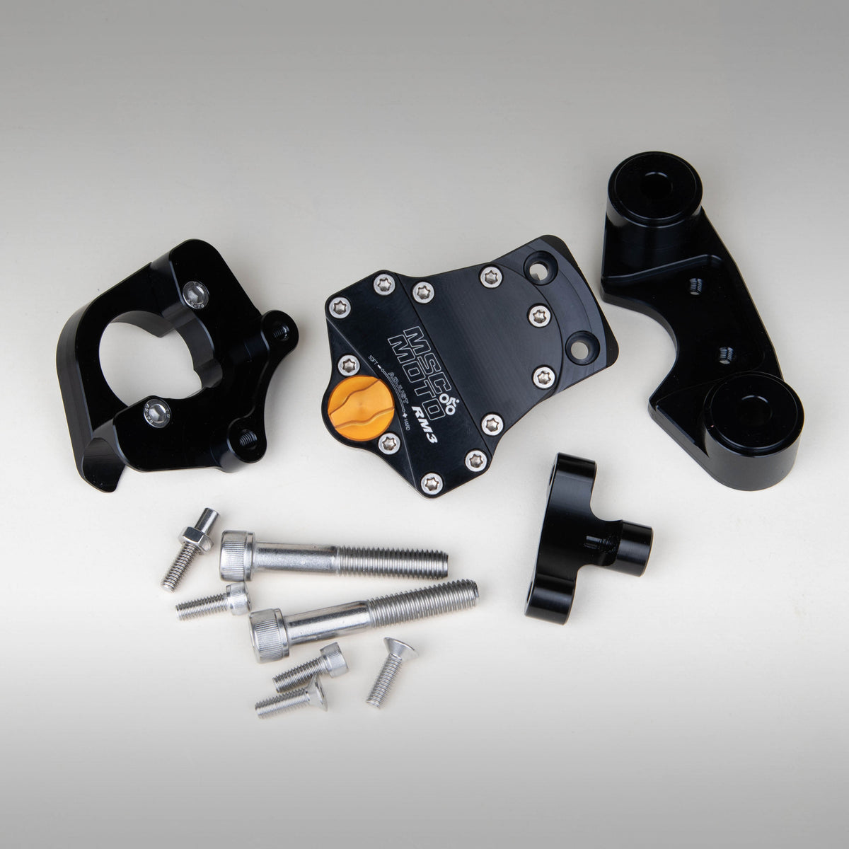 MSC steering damper kit for the KTM 690 Enduro and the Husqvarna 701 Enduro motorcycle. KTM 690 Enduro steering stabilizer. Husqvarna 701 Enduro steering stabilizer. Motorcycle steering damper. Motorcycle steering stabilizer.  